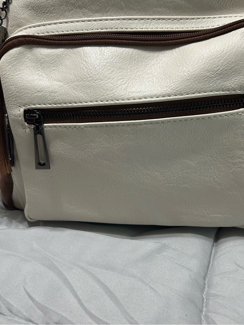 Shrrie Vegan Leather Backpack Neutral Cream Brown Travel Laptop Bag - Picture 6 of 14